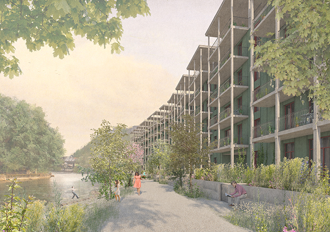 Visualisierung der neuen Uferpromenade für die Wohnüberbauung Reussinsel in Luzern